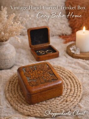 Vintage Hand-Carved Wooden Trinket Box Floral Jewelry Keepsake